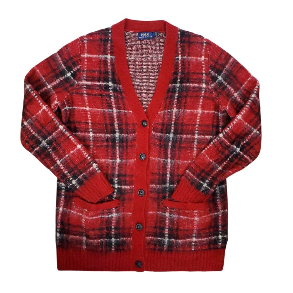 Polo Ralph Lauren Plaid Cardigan Sweater Sz S Red Multi Mohair Wool Acrylic Blen